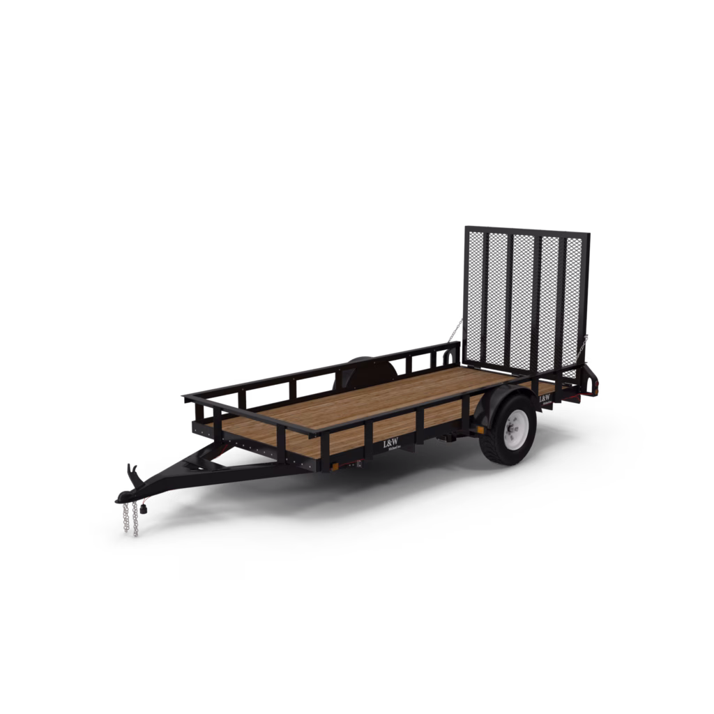 A black open utility trailer in 3D design with a transparent background